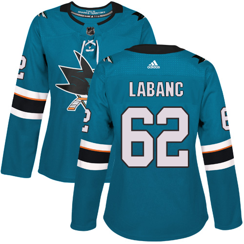 Adidas San Jose Sharks 62 Kevin Labanc Teal Home Authentic Women Stitched NHL Jersey